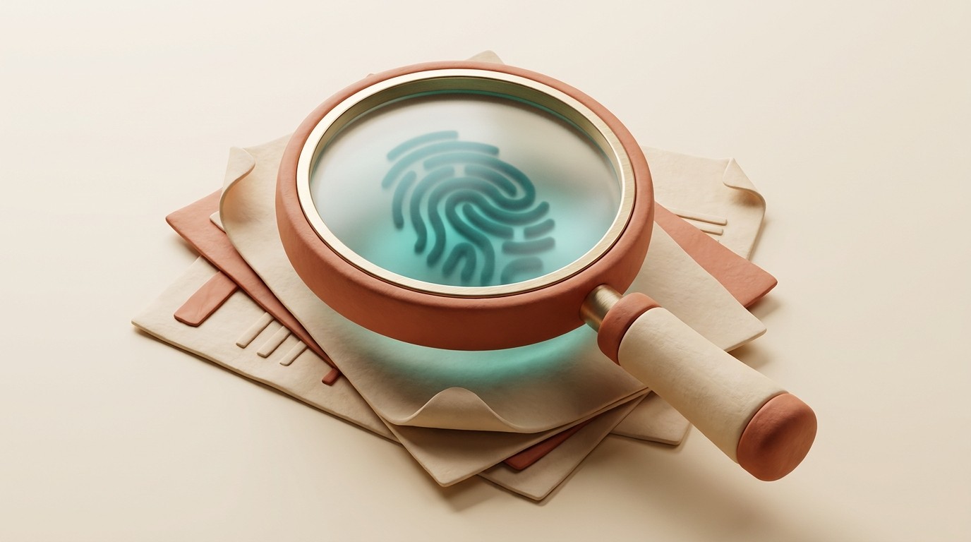 Clay magnifying glass over documents revealing a glowing glass fingerprint