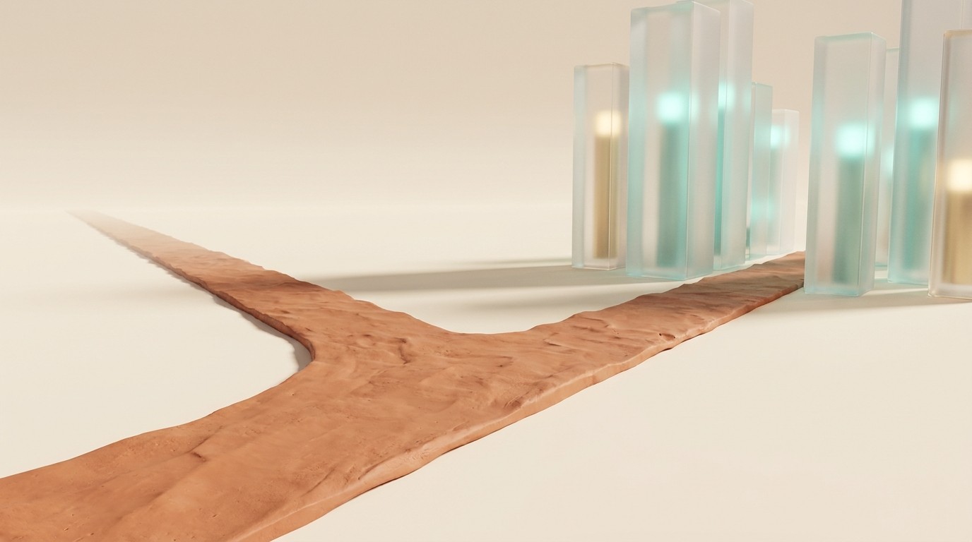 A clay road forking into two, one branch leading to glowing glass towers, the other fading into bare clay