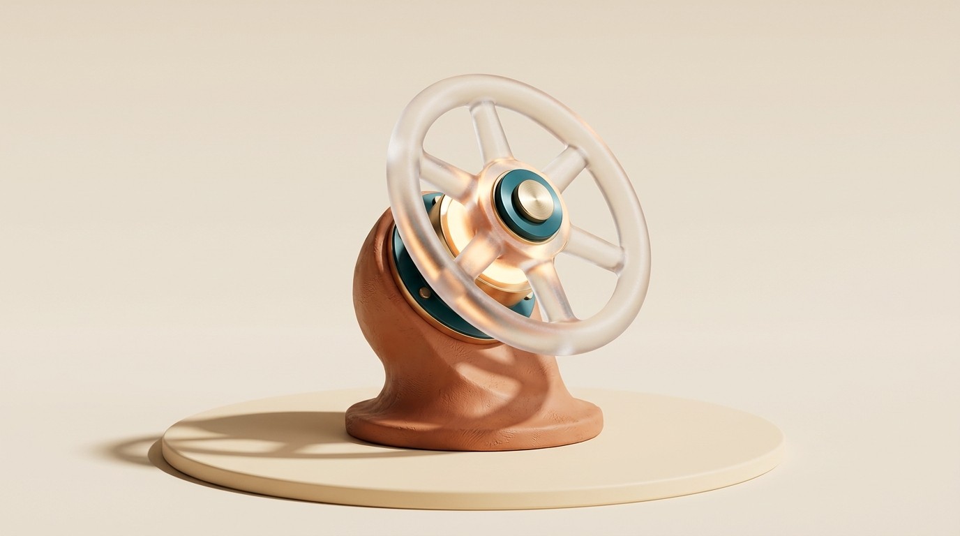 A glowing frosted-glass pipeline valve wheel mounted on a clay pedestal.