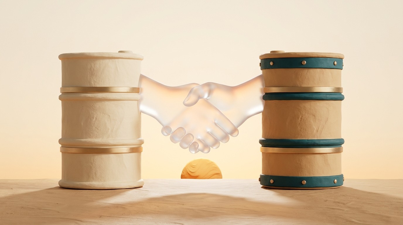 Two clay oil barrels facing each other with a frosted glass handshake forming between them over a desert horizon