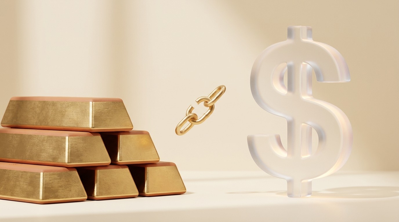 Sculpted clay gold bars beside a frosted glass dollar sign, with a single broken gold chain link floating between them