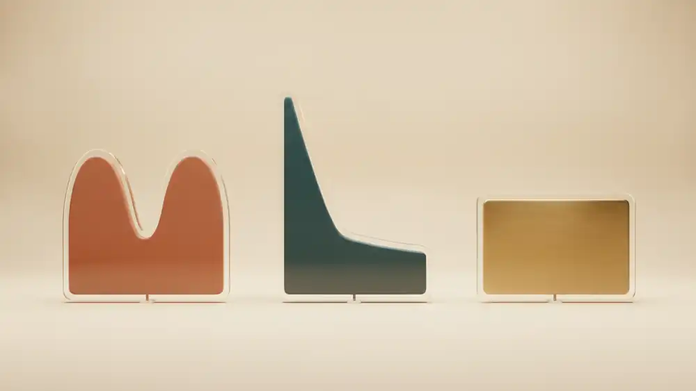 Three clay chart shapes side by side: a terracotta shape with two humps, a teal power-law curve, and a flat gold rectangle