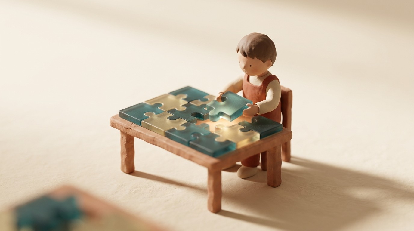 A clay child figure assembling an oversized frosted glass puzzle, one teal piece glowing as it clicks into place