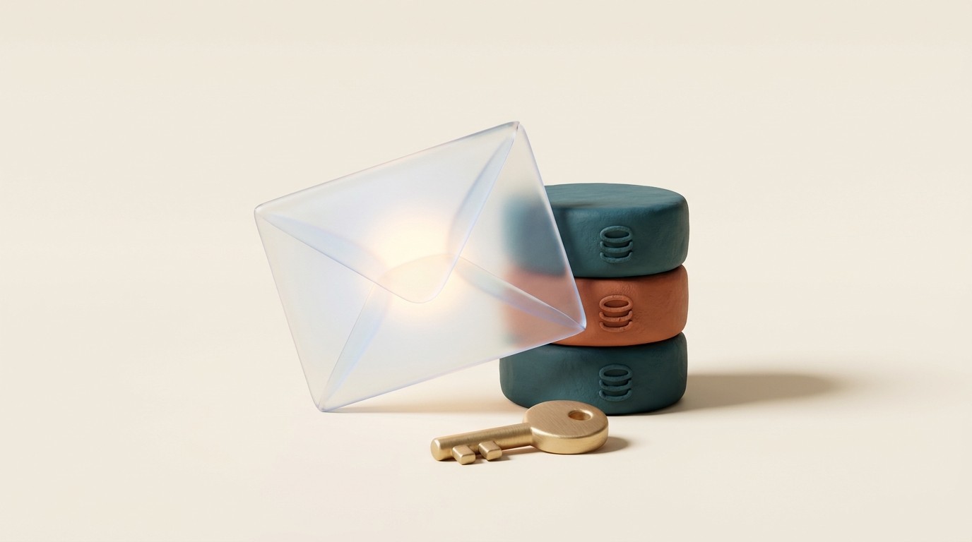 A frosted glass envelope leaning on clay database cylinders with a small gold key in front