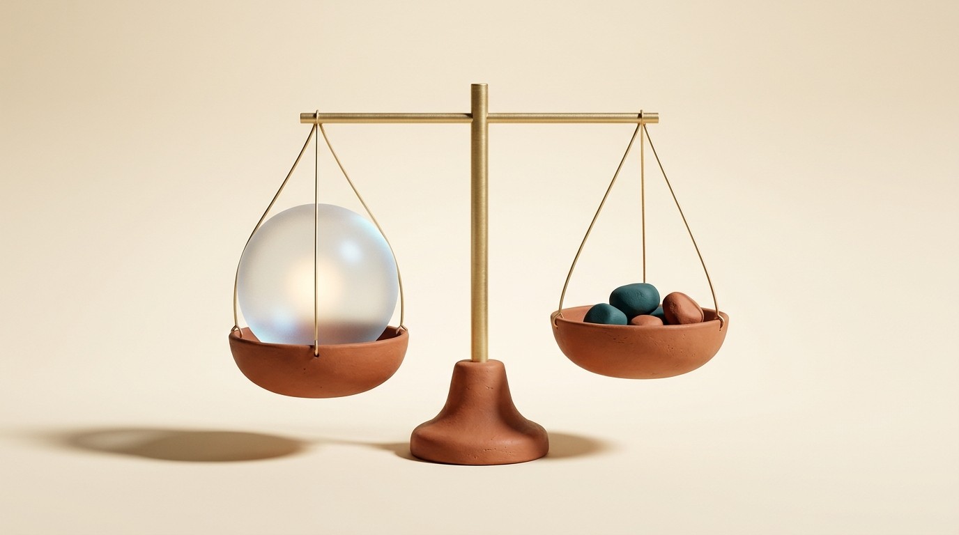 A clay balance scale weighing one large frosted glass sphere against a few small solid clay pebbles, pans nearly level