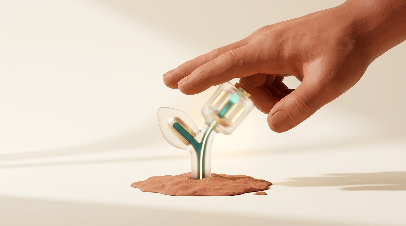 A glowing glass sprout shaped like a small machine rising from clay soil while a large clay hand presses down on it.