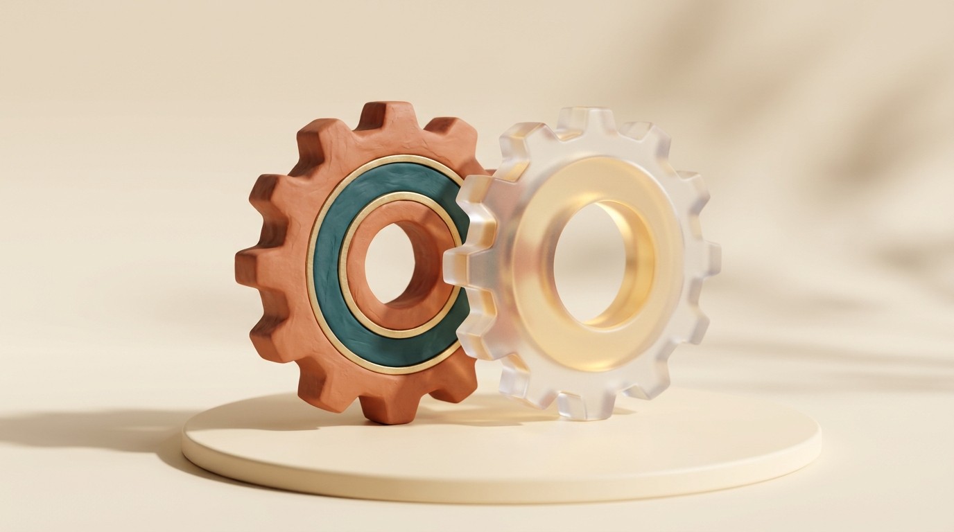 A frosted-glass gear meshed with a matte clay gear, turning each other as one mechanism.