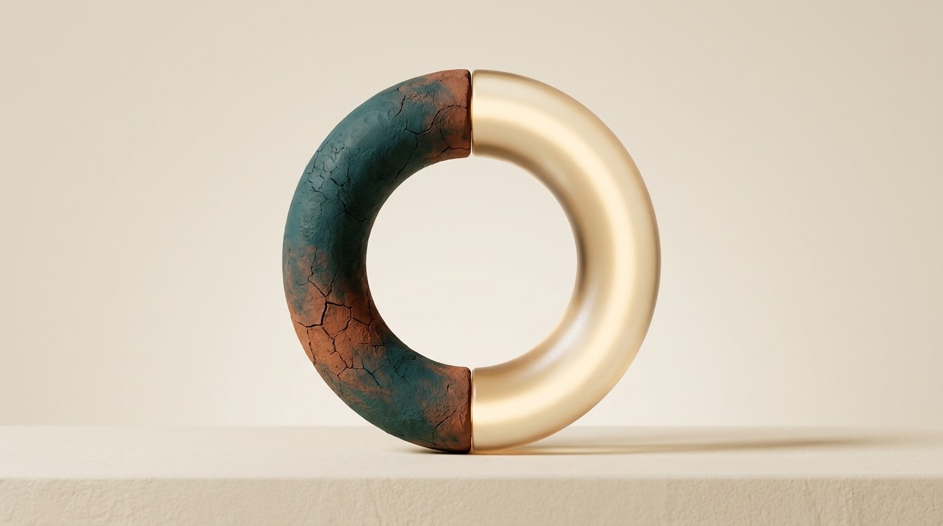 A ring that is cracked dead clay on one half and glowing translucent glass on the other.