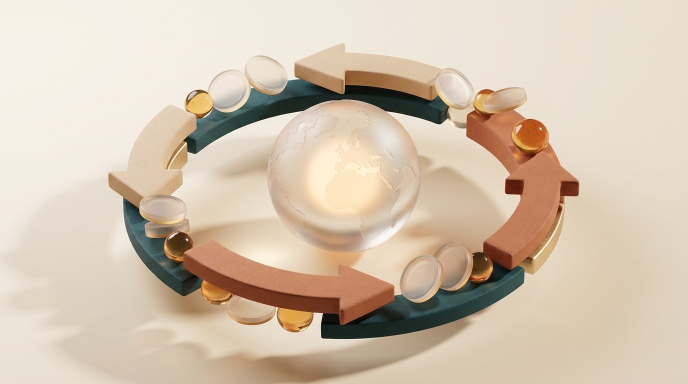 A circular loop of clay arrows cycling around a frosted glass globe, with glass coins and oil droplets riding the loop