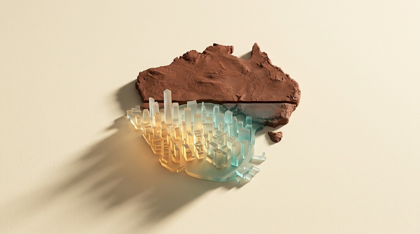 A clay peninsula split in two, the southern half glowing with glass city blocks, the northern half bare dark clay