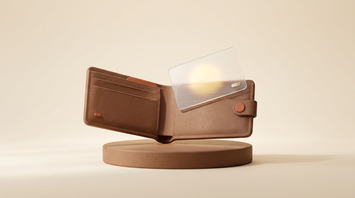 Clay wallet with a glowing glass identity card sliding out