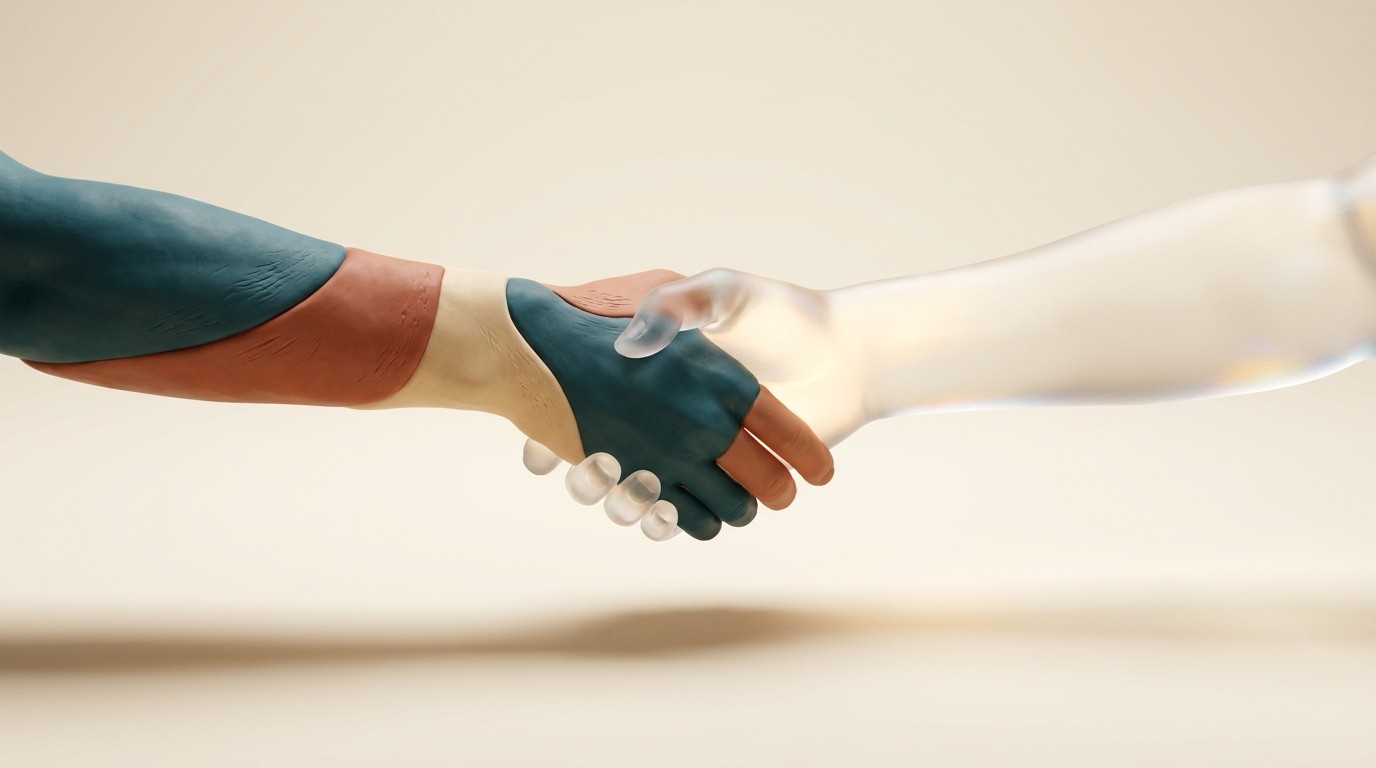 A handshake between a clay hand and a glowing translucent glass hand on a warm-cream background.