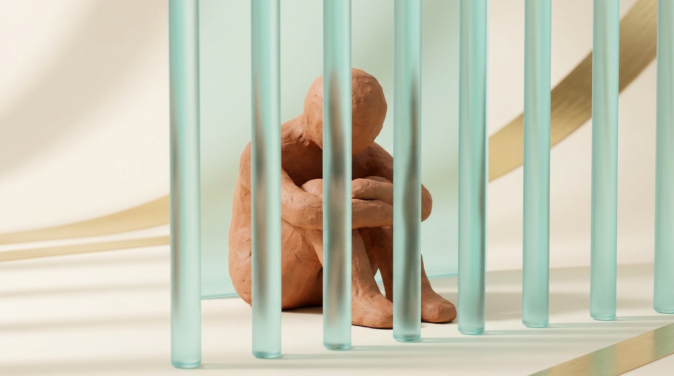 Small clay figure behind glowing frosted glass bars