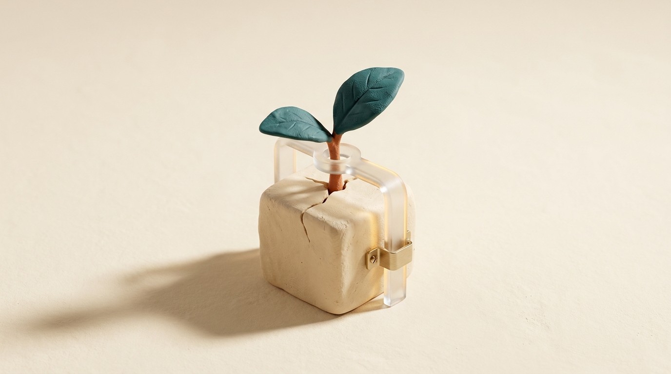 A small clay seedling growing from a crack in a clay slab, supported by a delicate frosted glass scaffold
