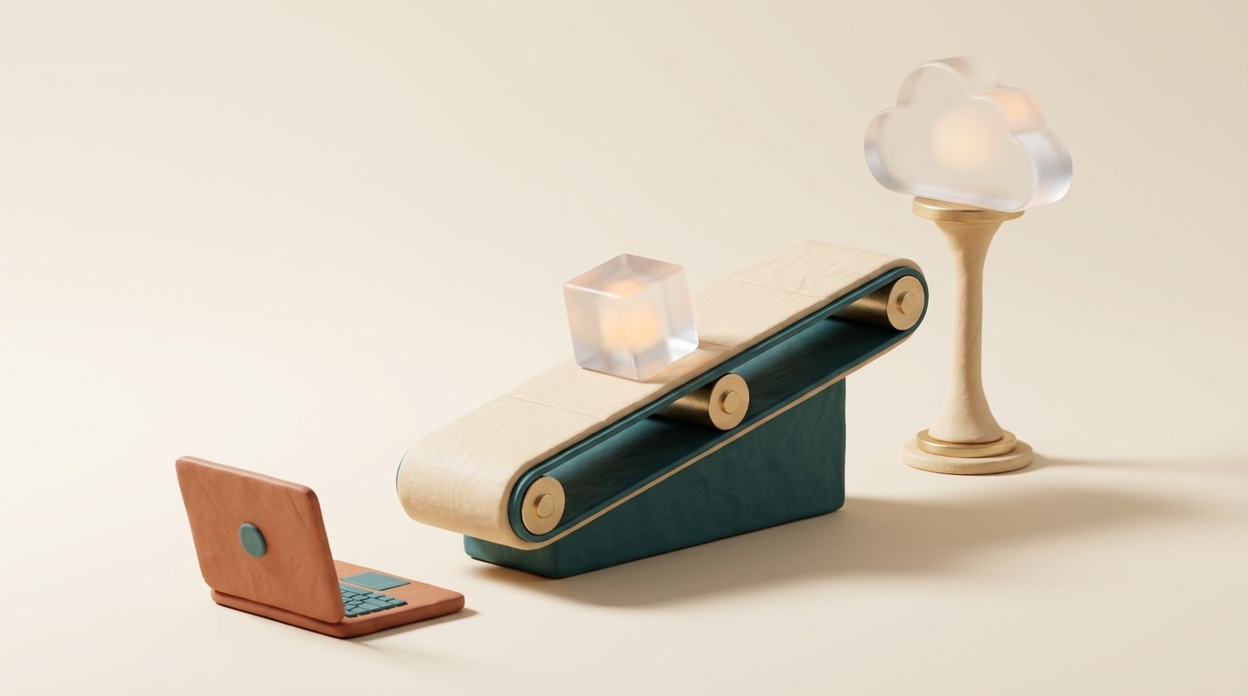 A clay conveyor belt carrying a glass cube from a laptop up to a frosted glass cloud