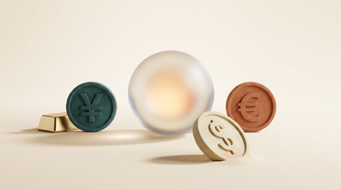 Clay currency coins marked with yuan and euro symbols and a gold bar arranged around a frosted glass globe, a pale dollar coin tipping over