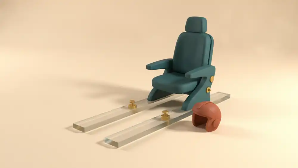 A teal clay pilot seat on frosted glass sliding rails with gold adjustment knobs, a terracotta helmet beside it