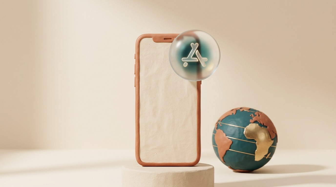 A clay smartphone with a frosted glass app icon floating above its screen, a small clay globe beside it