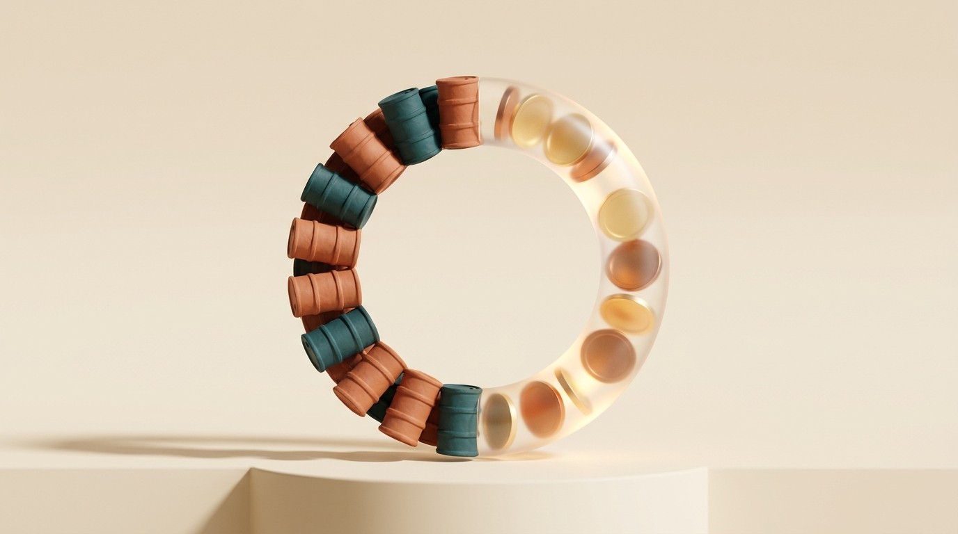 A closed ring made of clay oil barrels on one half and glowing glass coins on the other, forming a continuous loop.