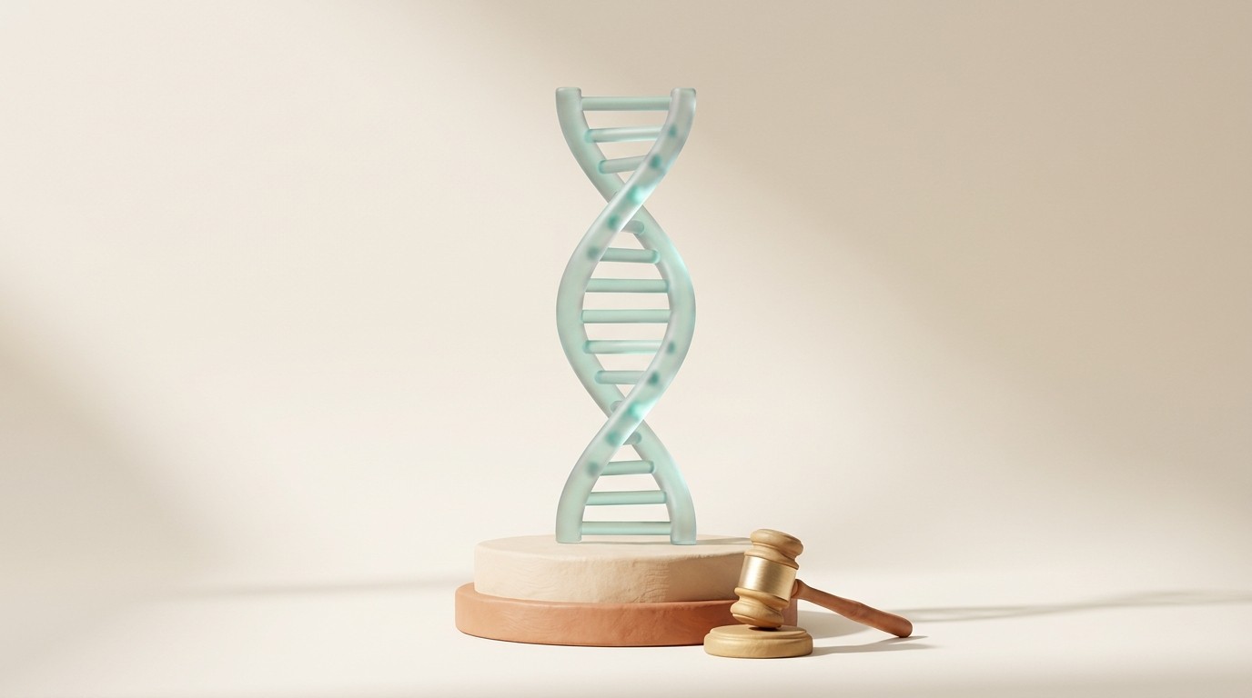 Frosted glass DNA helix on a clay pedestal with a gold gavel at its base