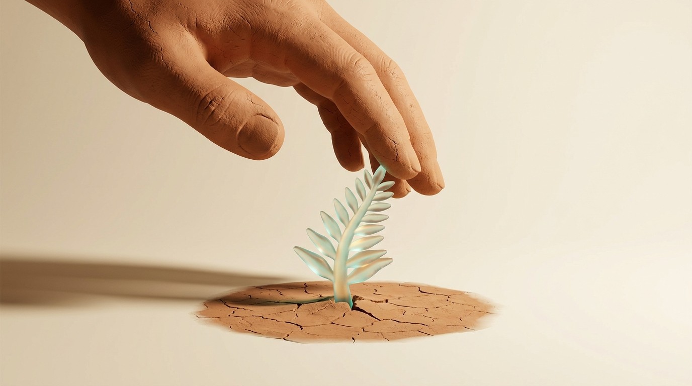 A large clay hand pressing down on a glowing glass sprout rising from cracked earth