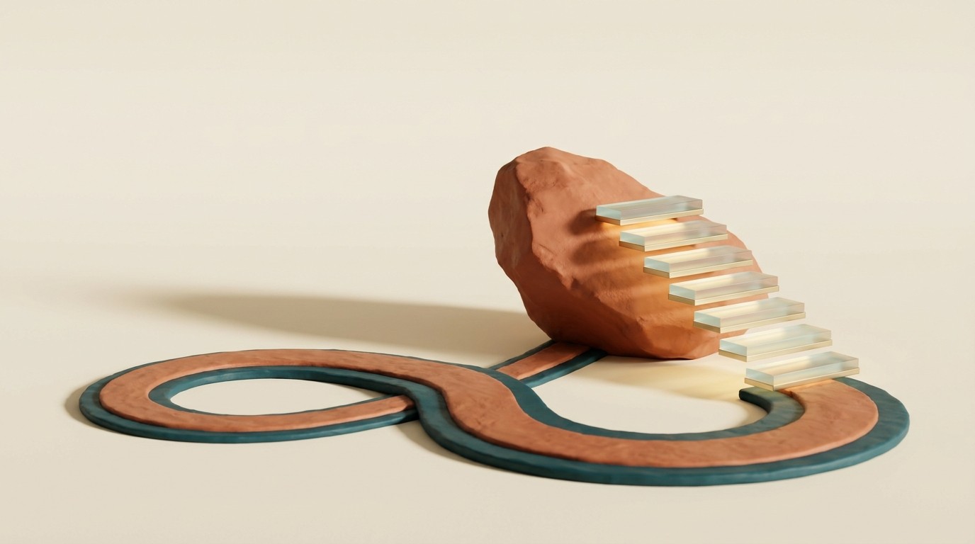 A clay path splitting at a fallen boulder: one branch loops back, the other climbs over on floating glass steps