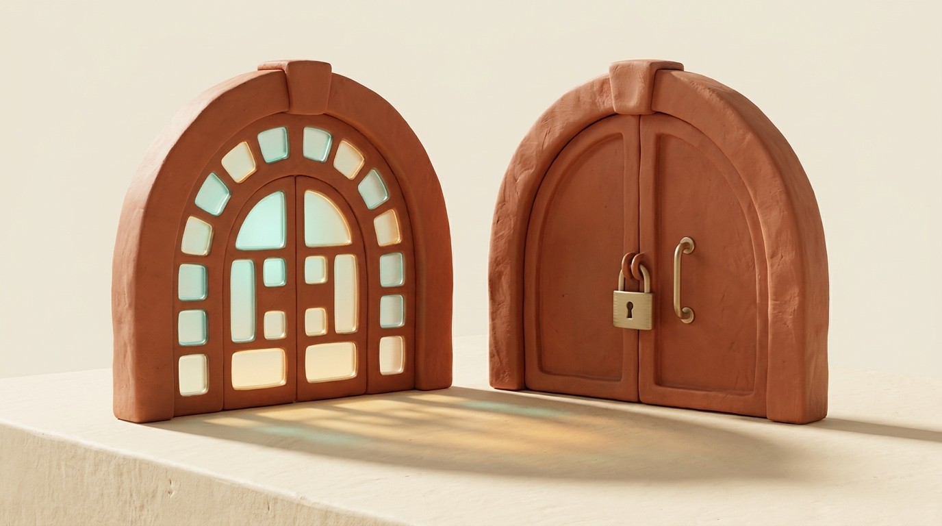 Two clay archways: one open with many lit glass doors, one a single locked vault door